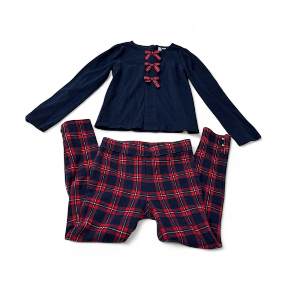 Janie and Jack Girl Holiday Bow Shirt and Red Plaid Pant Matching Set Size8 - Picture 1 of 12